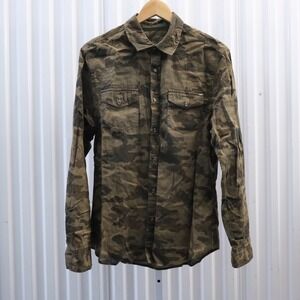 Guess Mens Camo Ripstop Western Snap Front Shirt Green Brown Medium